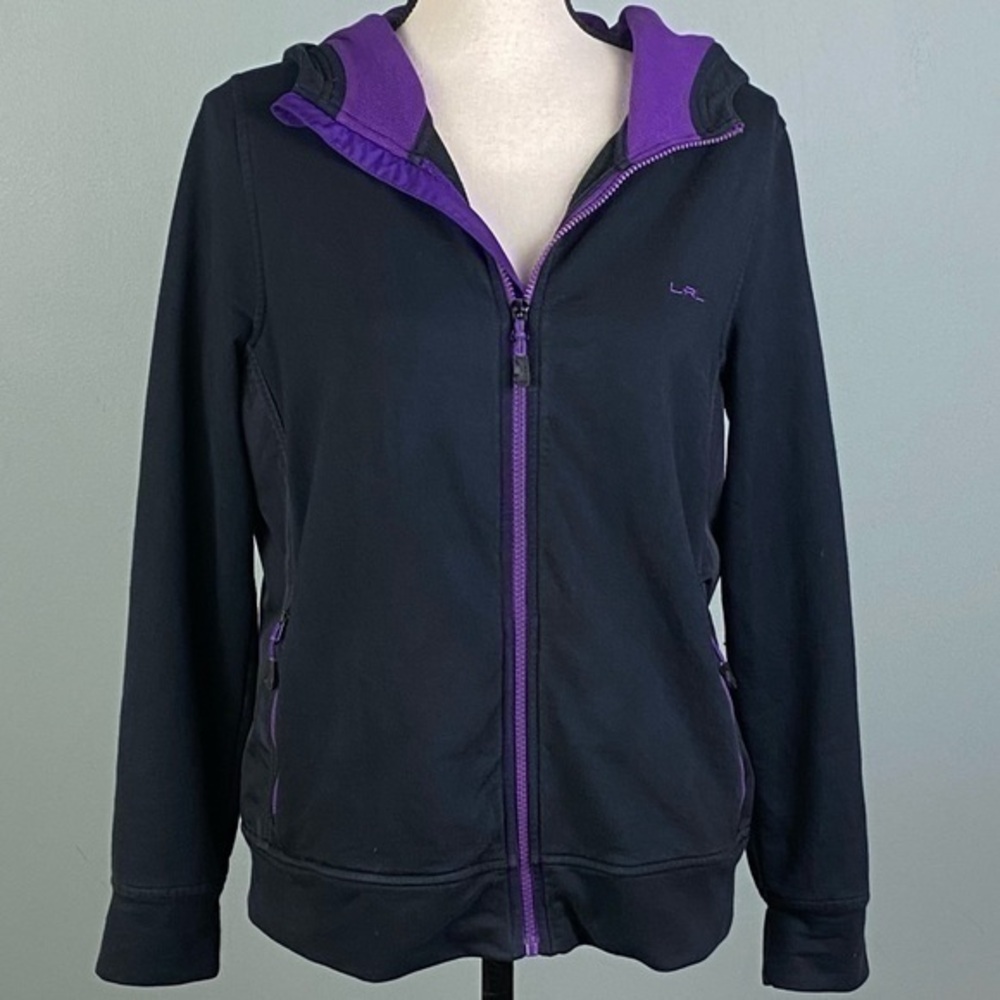 LAUREN RALPH LAUREN “Active” black with purple,  full zip hoodie in size PL. EUC